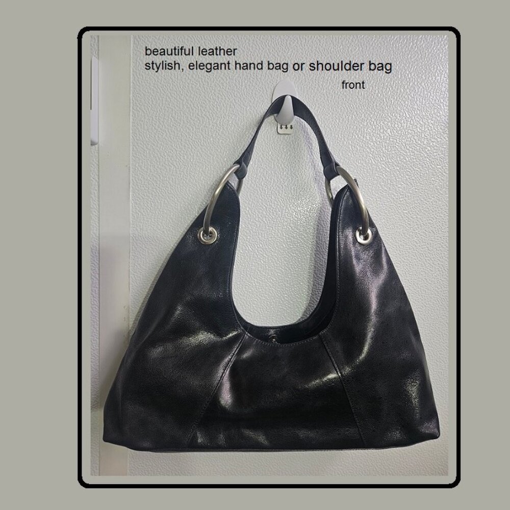 Banana Republic Rich Black Leather Small Shoulder Bag Baguette Silvery Oval Ring